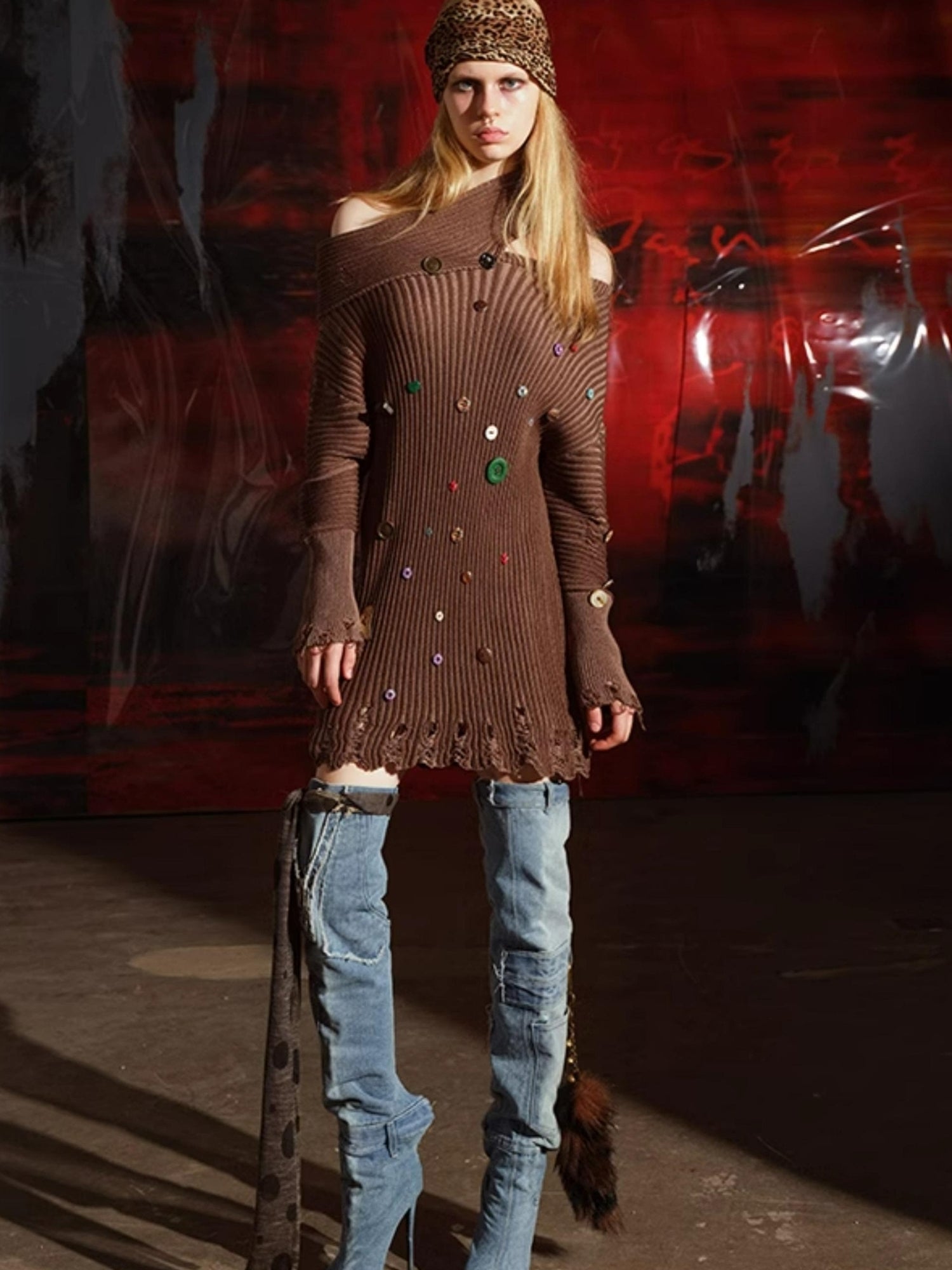NN NORTH NODE Galaxy Mirror Hand Knitted Off Shoulder Sweater