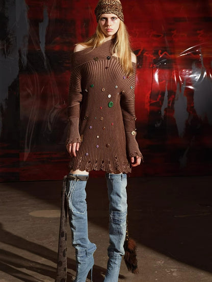 NN NORTH NODE Galaxy Mirror Hand Knitted Off Shoulder Sweater