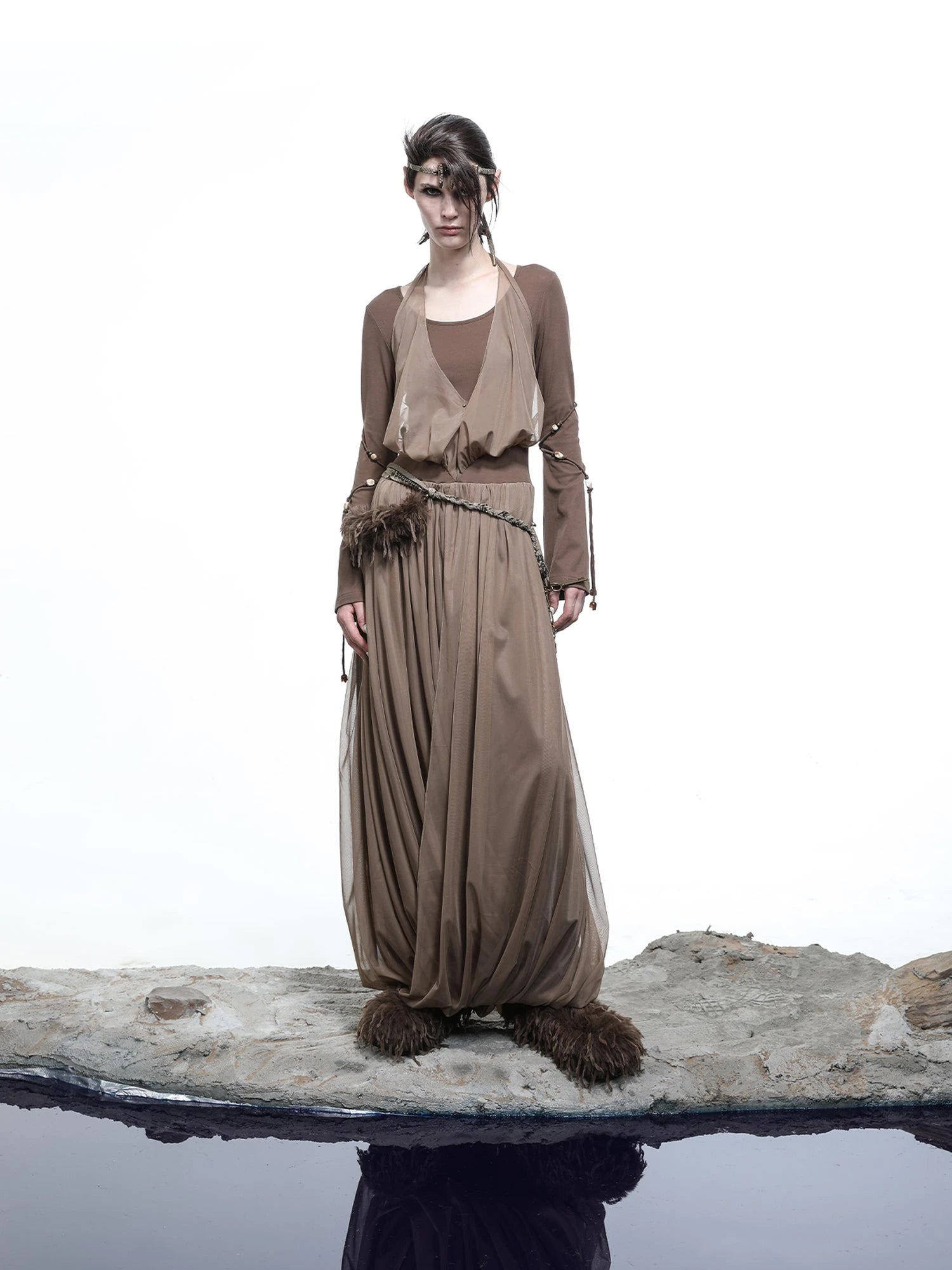 High Neck Mesh Paneled Beaded Maxi Dress with Mock Two Piece Design