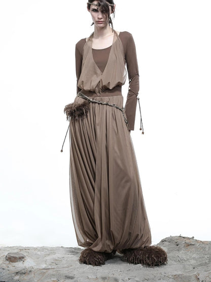 High Neck Mesh Paneled Beaded Maxi Dress with Mock Two Piece Design