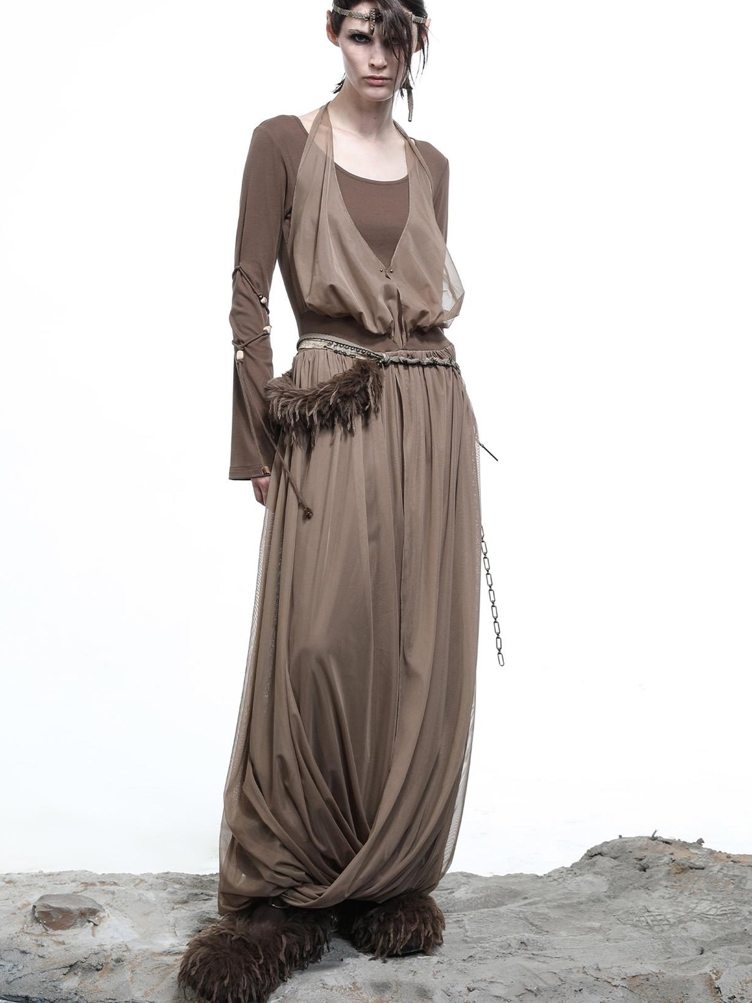 NN NORTH NODE High Neck Mesh Paneled Beaded Maxi Dress with Mock Two Piece Design