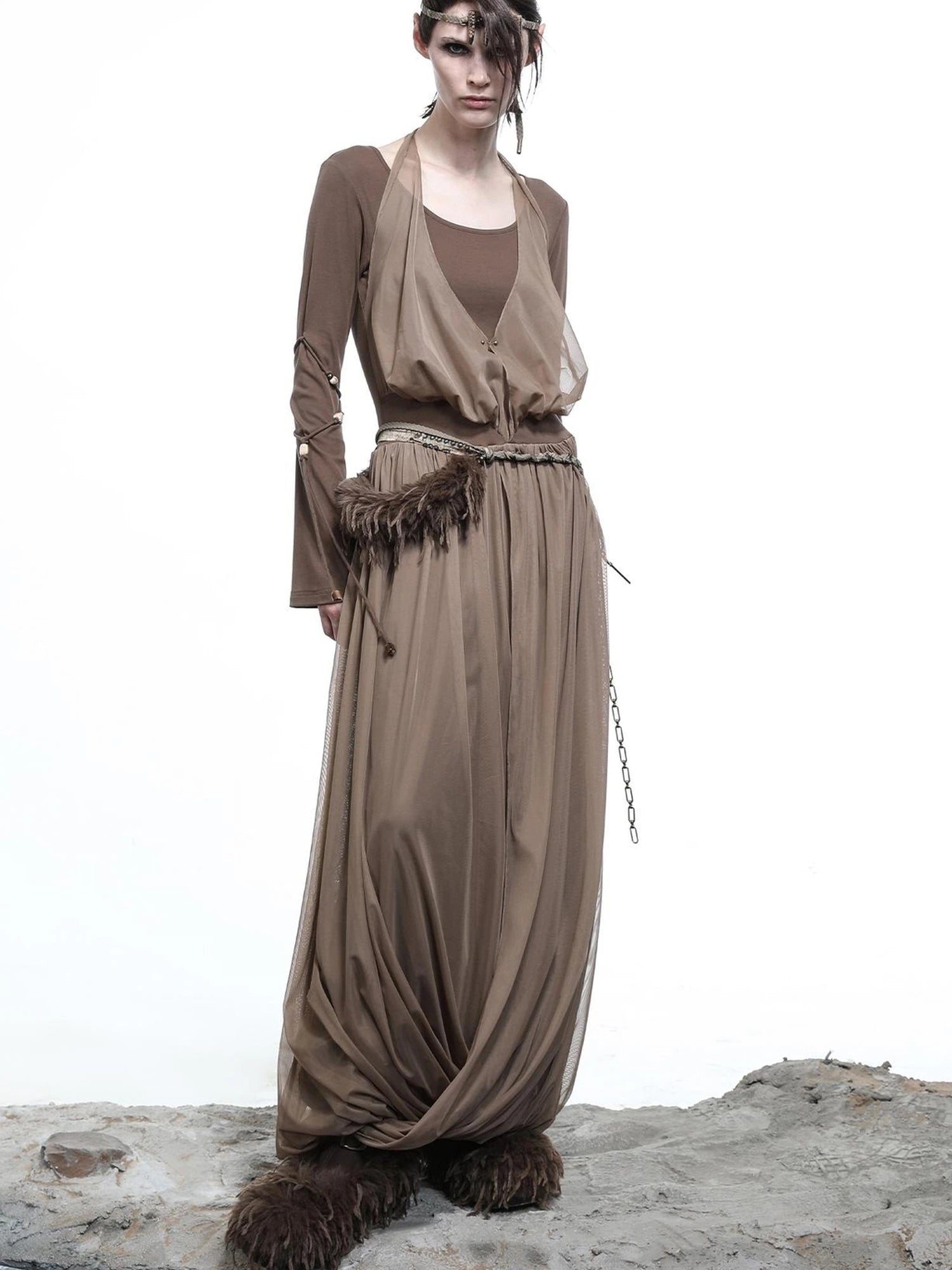 High Neck Mesh Paneled Beaded Maxi Dress with Mock Two Piece Design