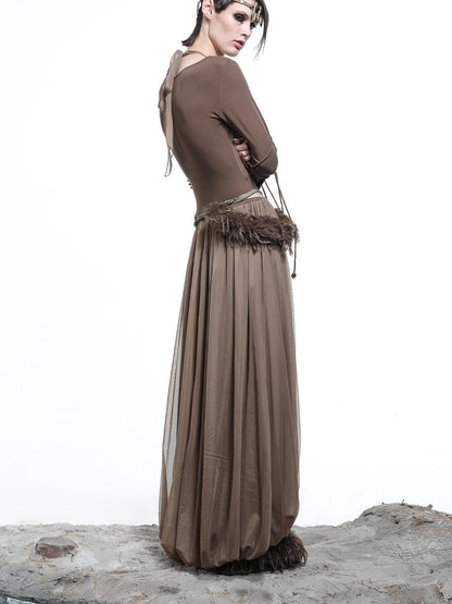 NN NORTH NODE High Neck Mesh Paneled Beaded Maxi Dress with Mock Two Piece Design