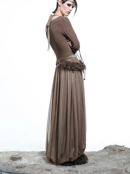 High Neck Mesh Paneled Beaded Maxi Dress with Mock Two Piece Design