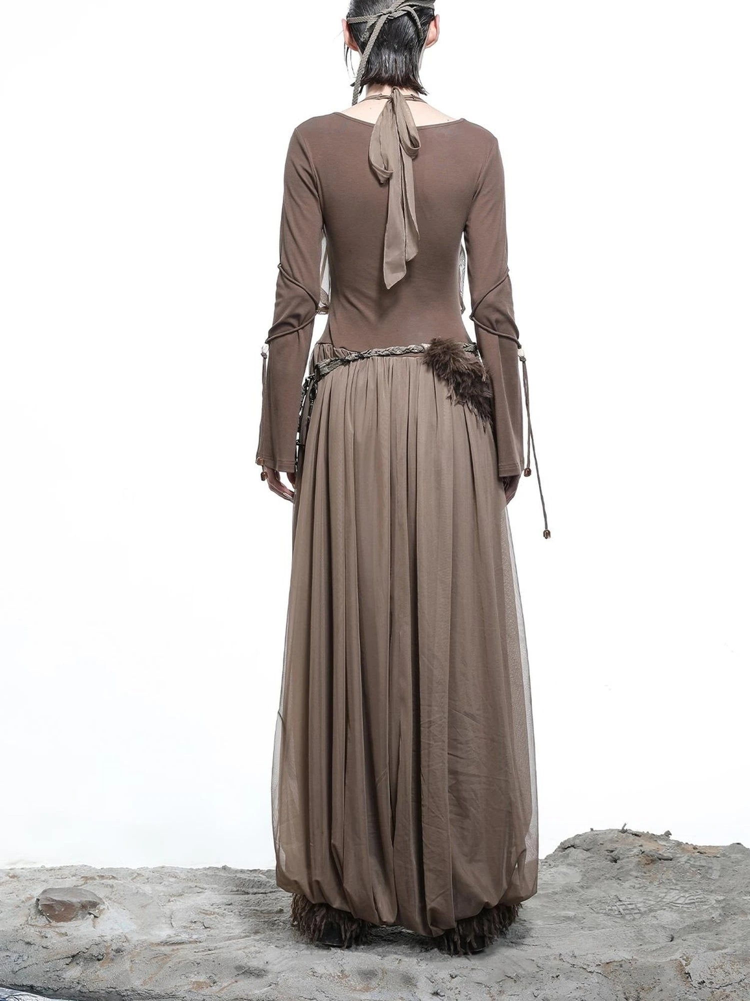 High Neck Mesh Paneled Beaded Maxi Dress with Mock Two Piece Design