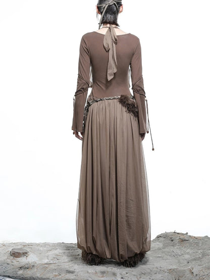 High Neck Mesh Paneled Beaded Maxi Dress with Mock Two Piece Design