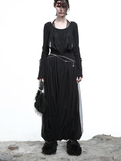 NN NORTH NODE High Neck Mesh Paneled Beaded Maxi Dress with Mock Two Piece Design