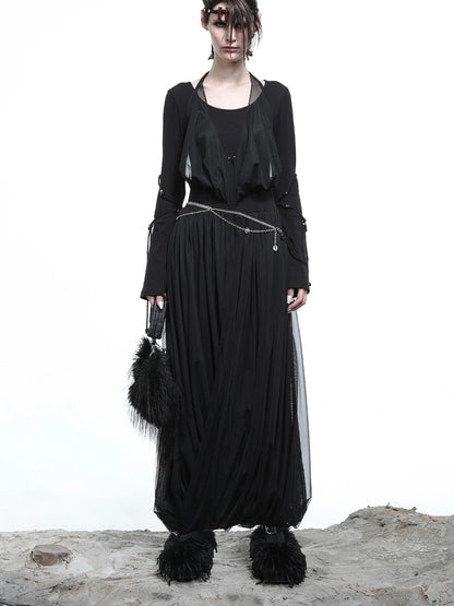 High Neck Mesh Paneled Beaded Maxi Dress with Mock Two Piece Design