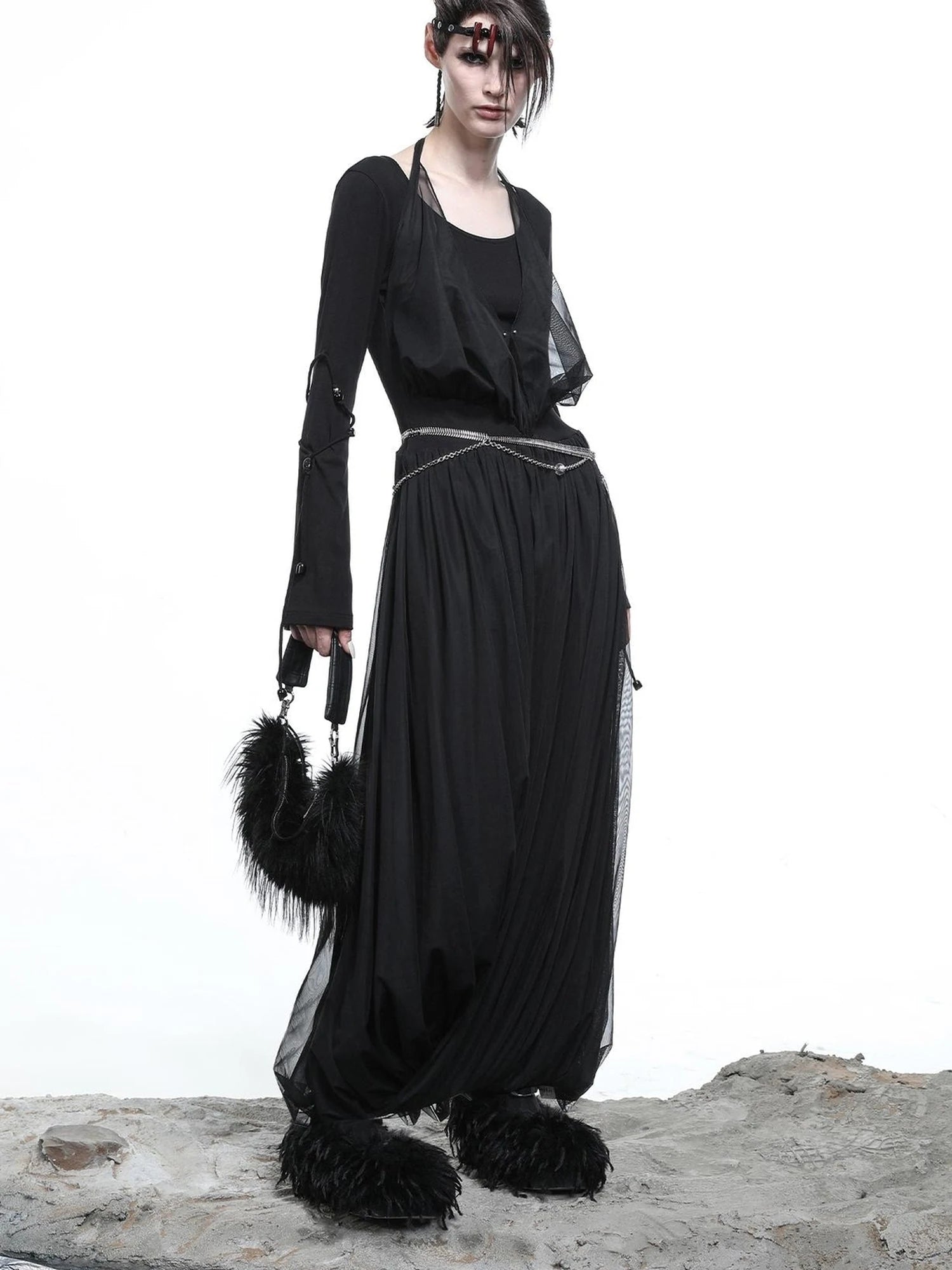 High Neck Mesh Paneled Beaded Maxi Dress with Mock Two Piece Design