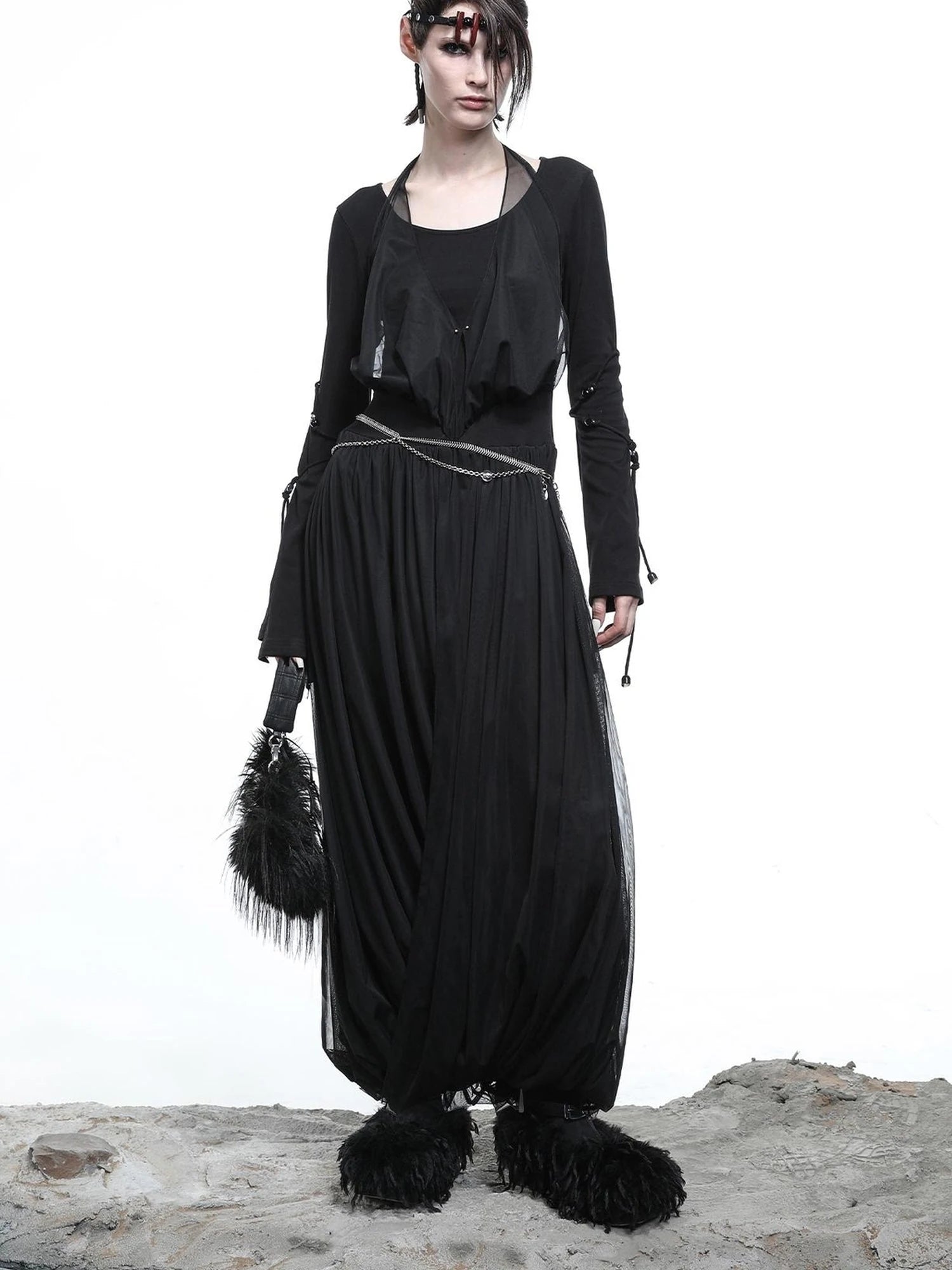 High Neck Mesh Paneled Beaded Maxi Dress with Mock Two Piece Design