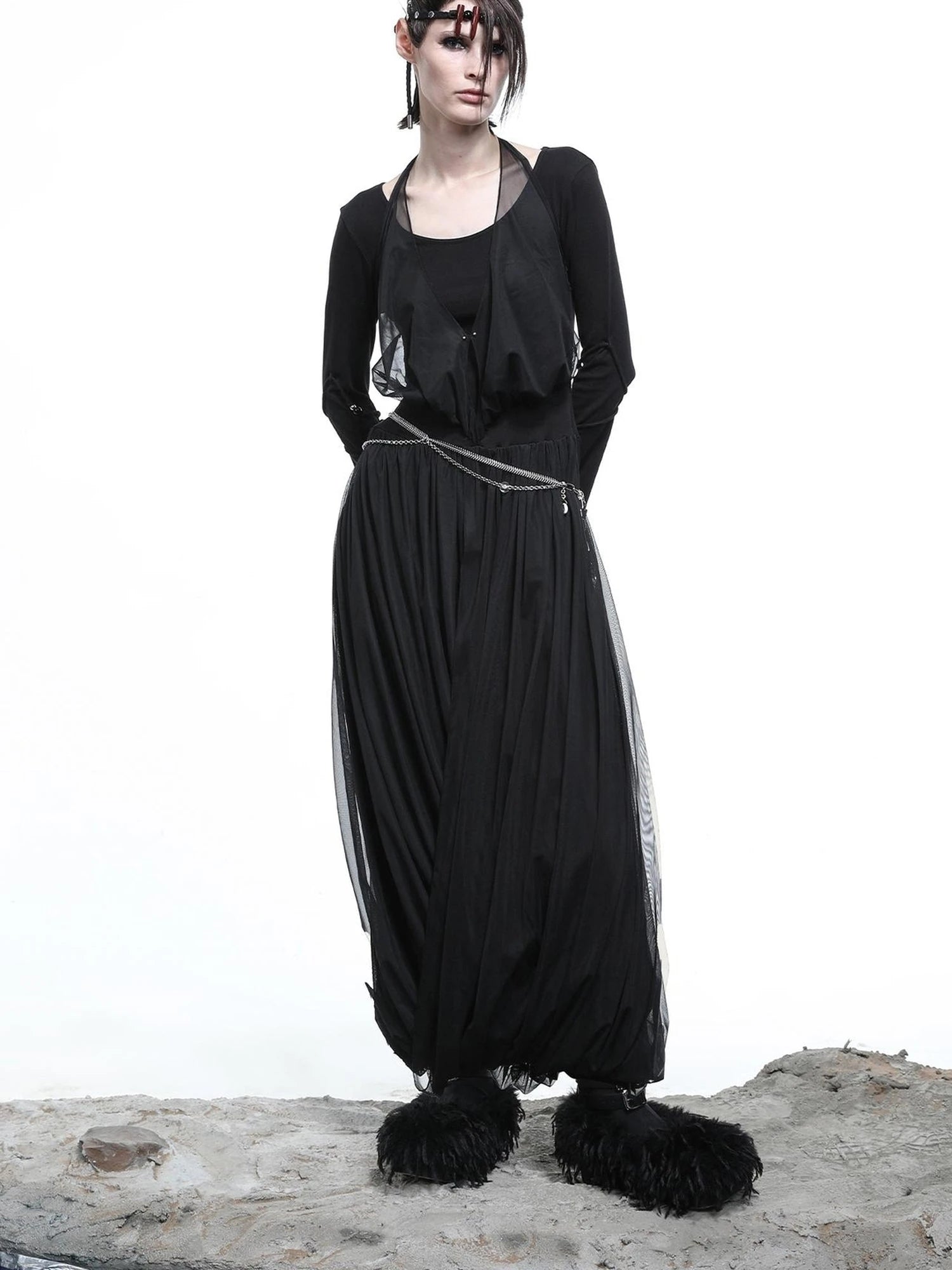 High Neck Mesh Paneled Beaded Maxi Dress with Mock Two Piece Design