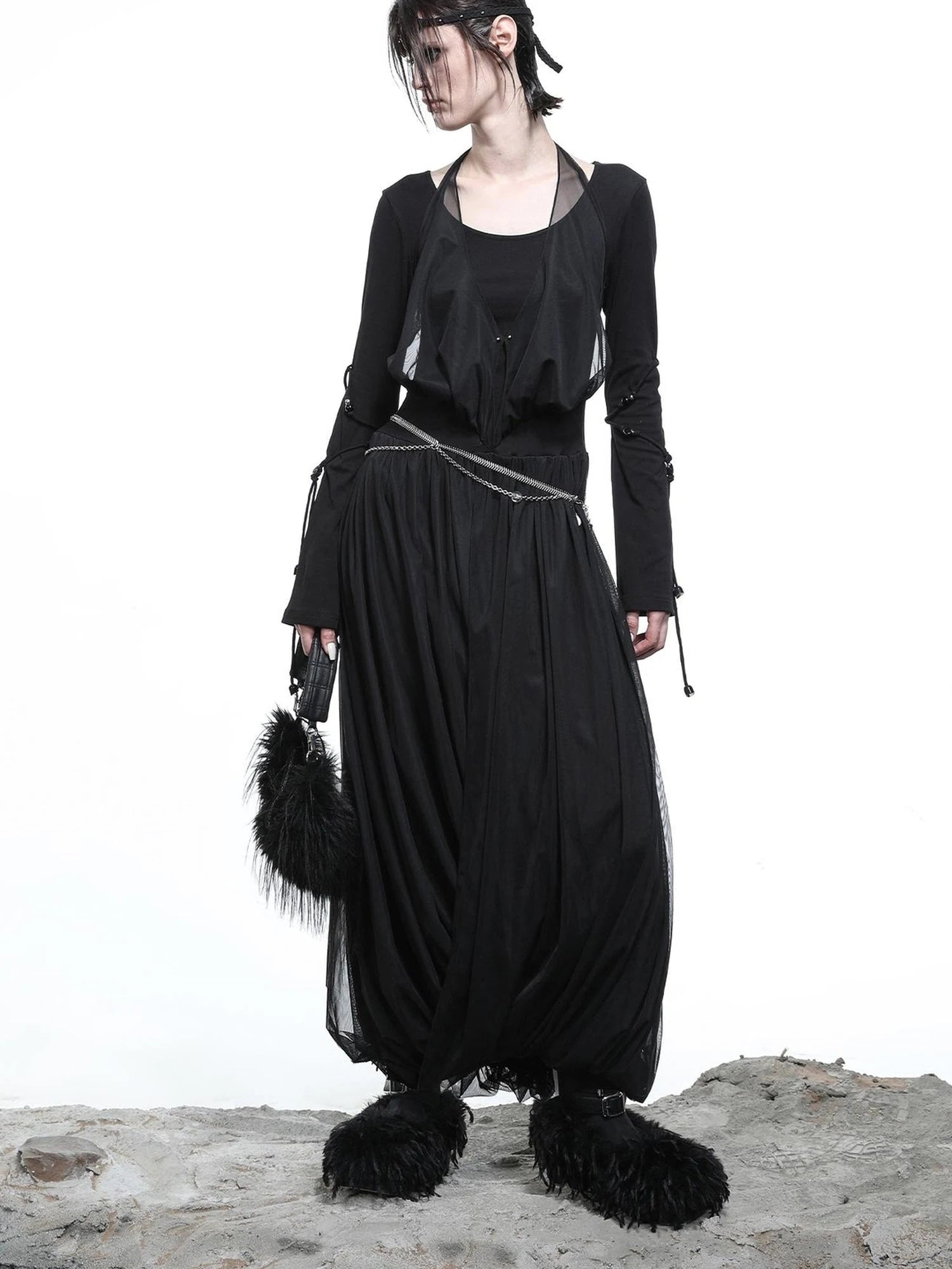 High Neck Mesh Paneled Beaded Maxi Dress with Mock Two Piece Design