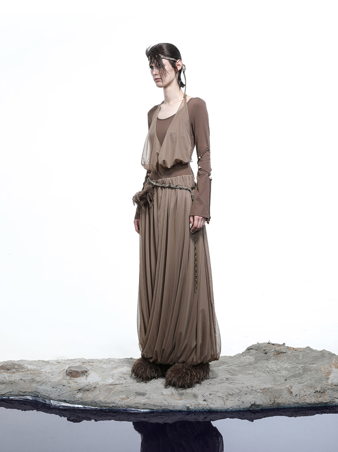 NN NORTH NODE High Neck Mesh Paneled Beaded Maxi Dress with Mock Two Piece Design