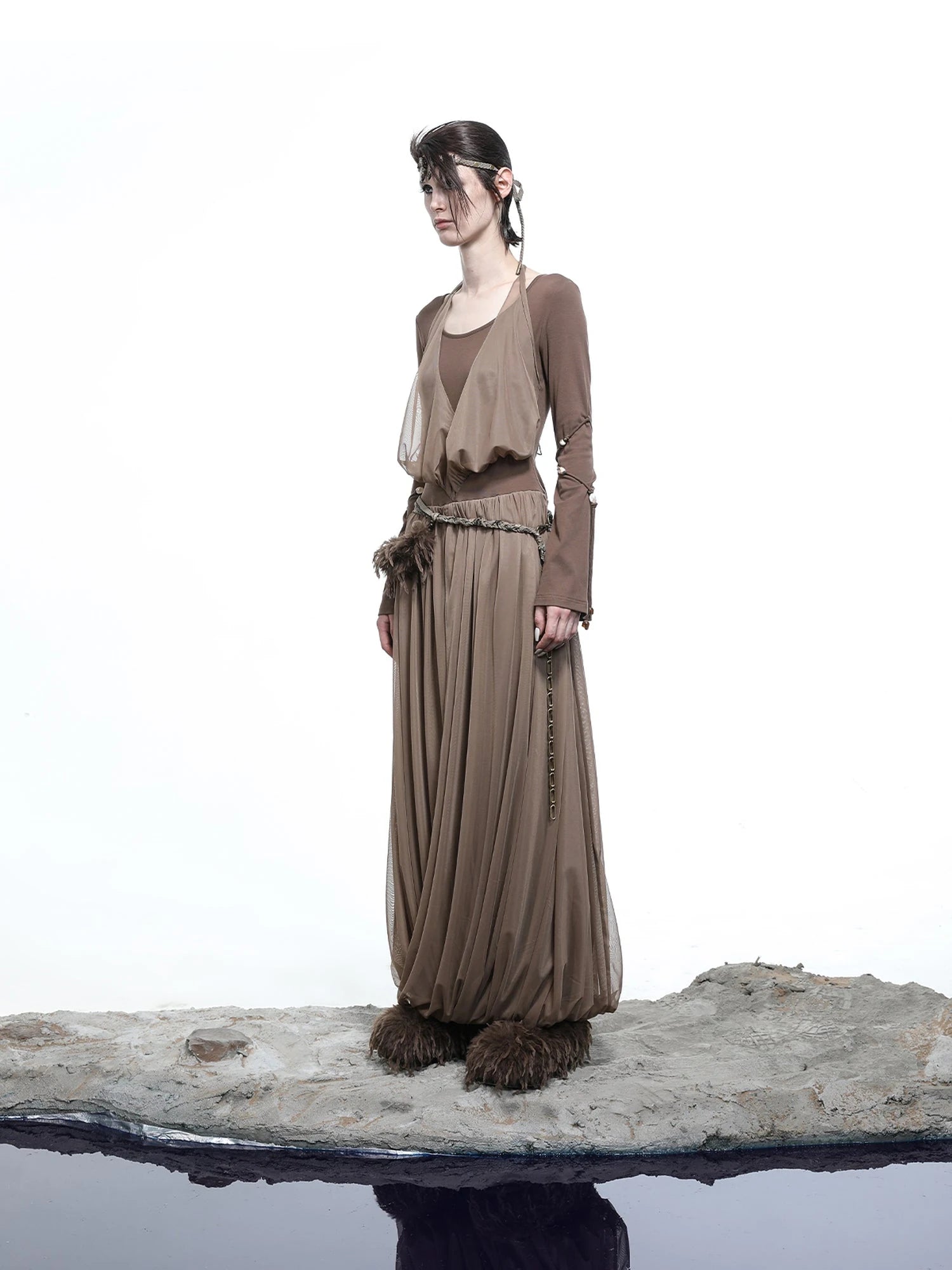 High Neck Mesh Paneled Beaded Maxi Dress with Mock Two Piece Design