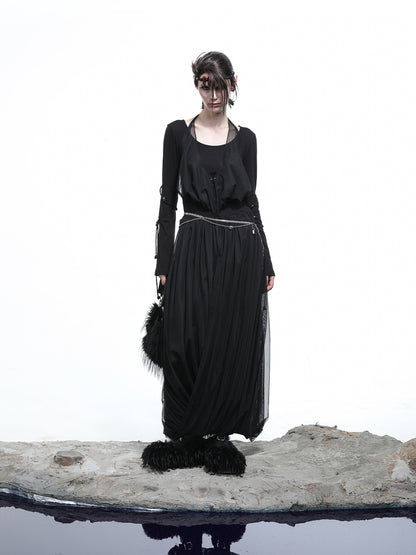 NN NORTH NODE High Neck Mesh Paneled Beaded Maxi Dress with Mock Two Piece Design