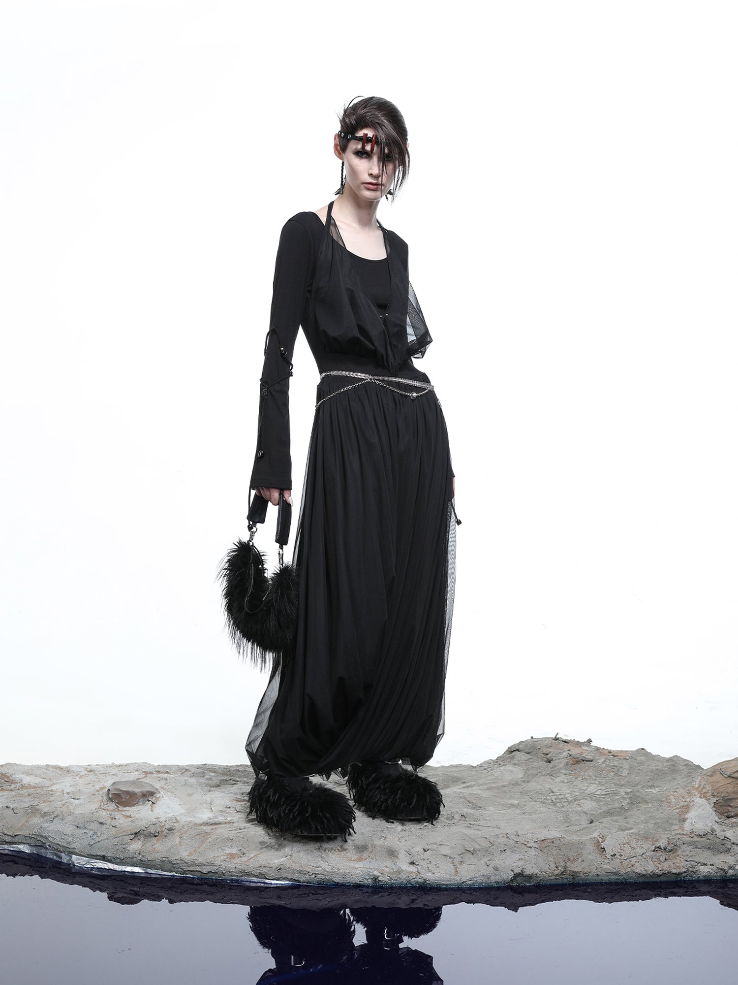 NN NORTH NODE High Neck Mesh Paneled Beaded Maxi Dress with Mock Two Piece Design