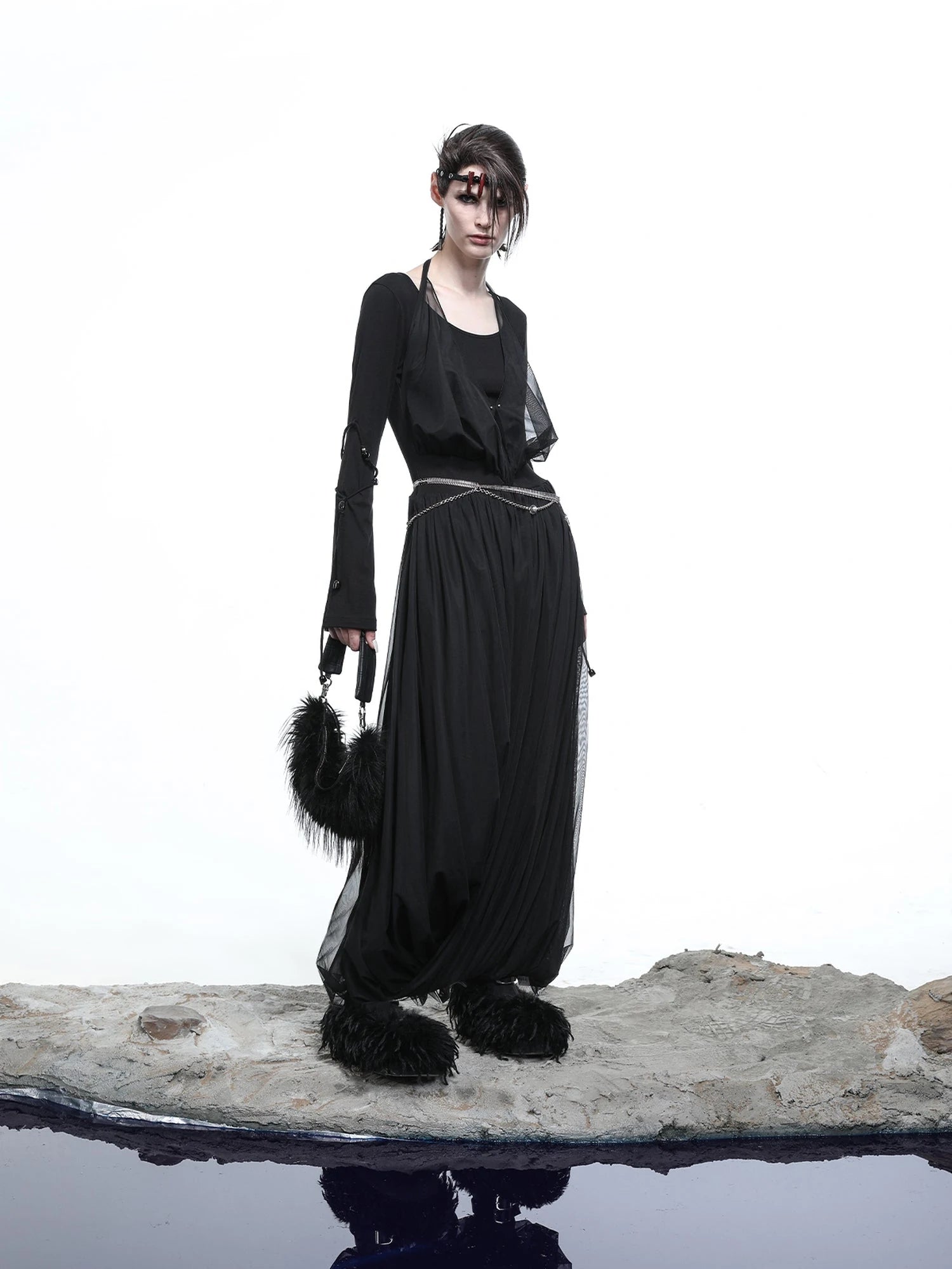 High Neck Mesh Paneled Beaded Maxi Dress with Mock Two Piece Design