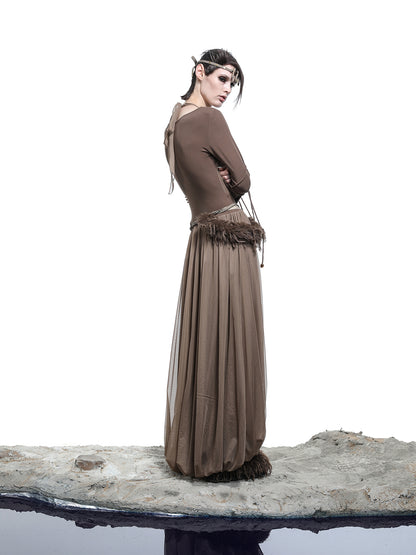 NN NORTH NODE High Neck Mesh Paneled Beaded Maxi Dress with Mock Two Piece Design