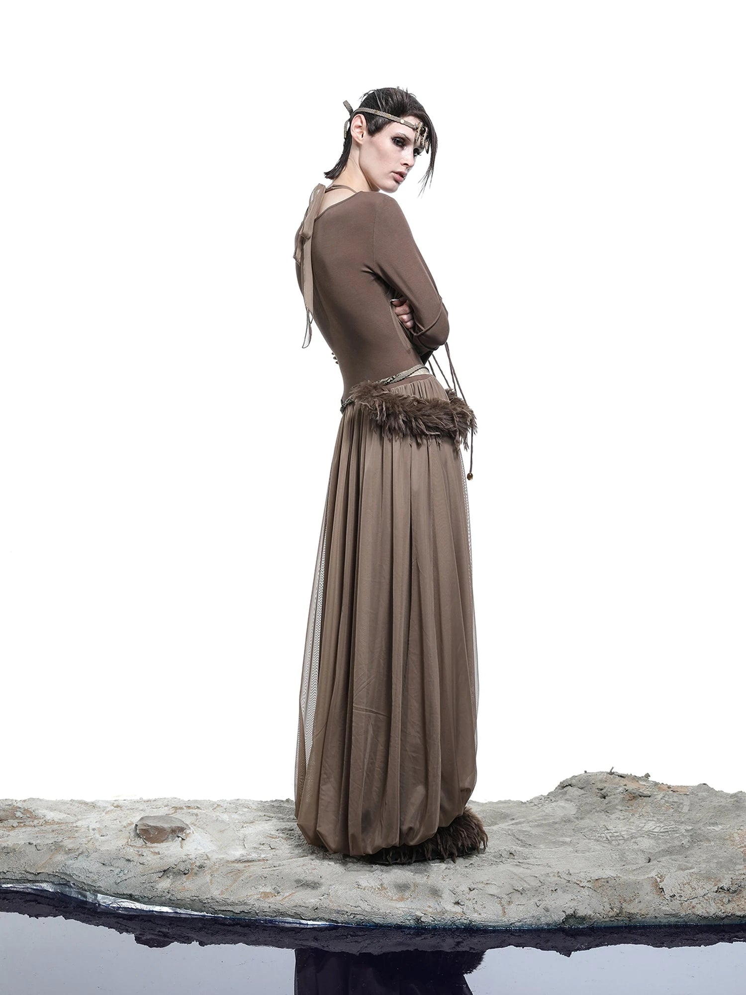 High Neck Mesh Paneled Beaded Maxi Dress with Mock Two Piece Design