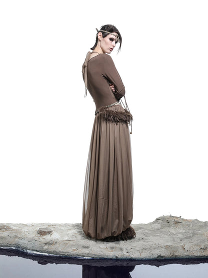 High Neck Mesh Paneled Beaded Maxi Dress with Mock Two Piece Design