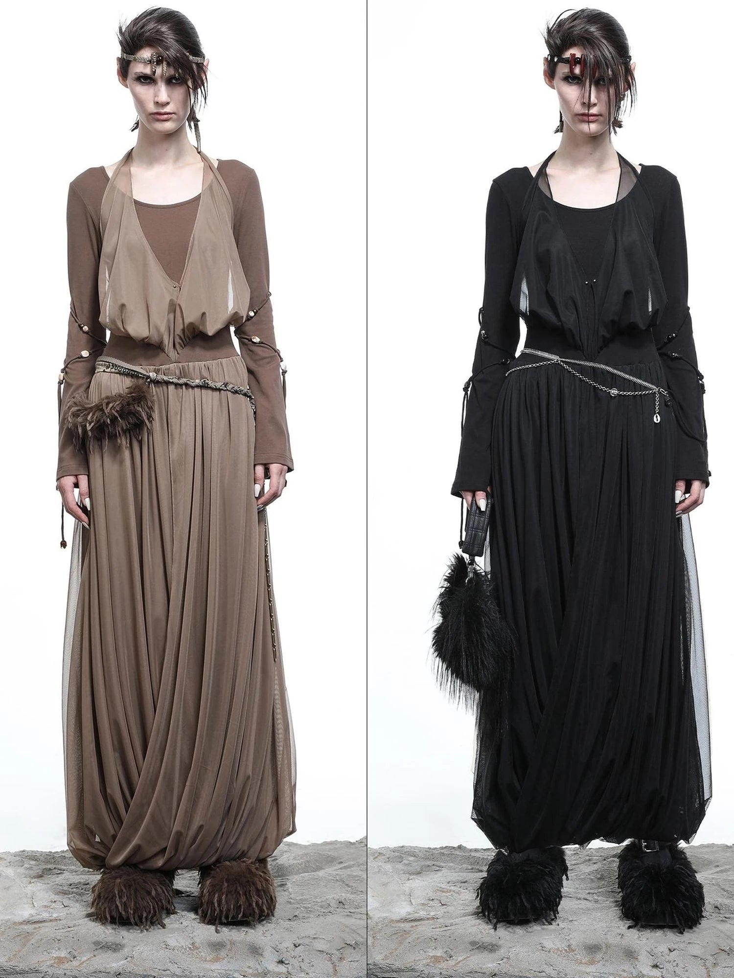 High Neck Mesh Paneled Beaded Maxi Dress with Mock Two Piece Design