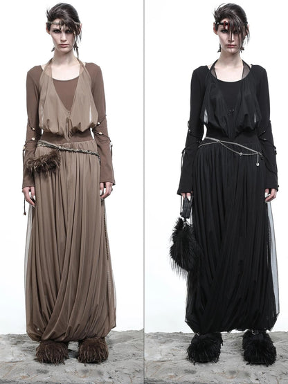 High Neck Mesh Paneled Beaded Maxi Dress with Mock Two Piece Design