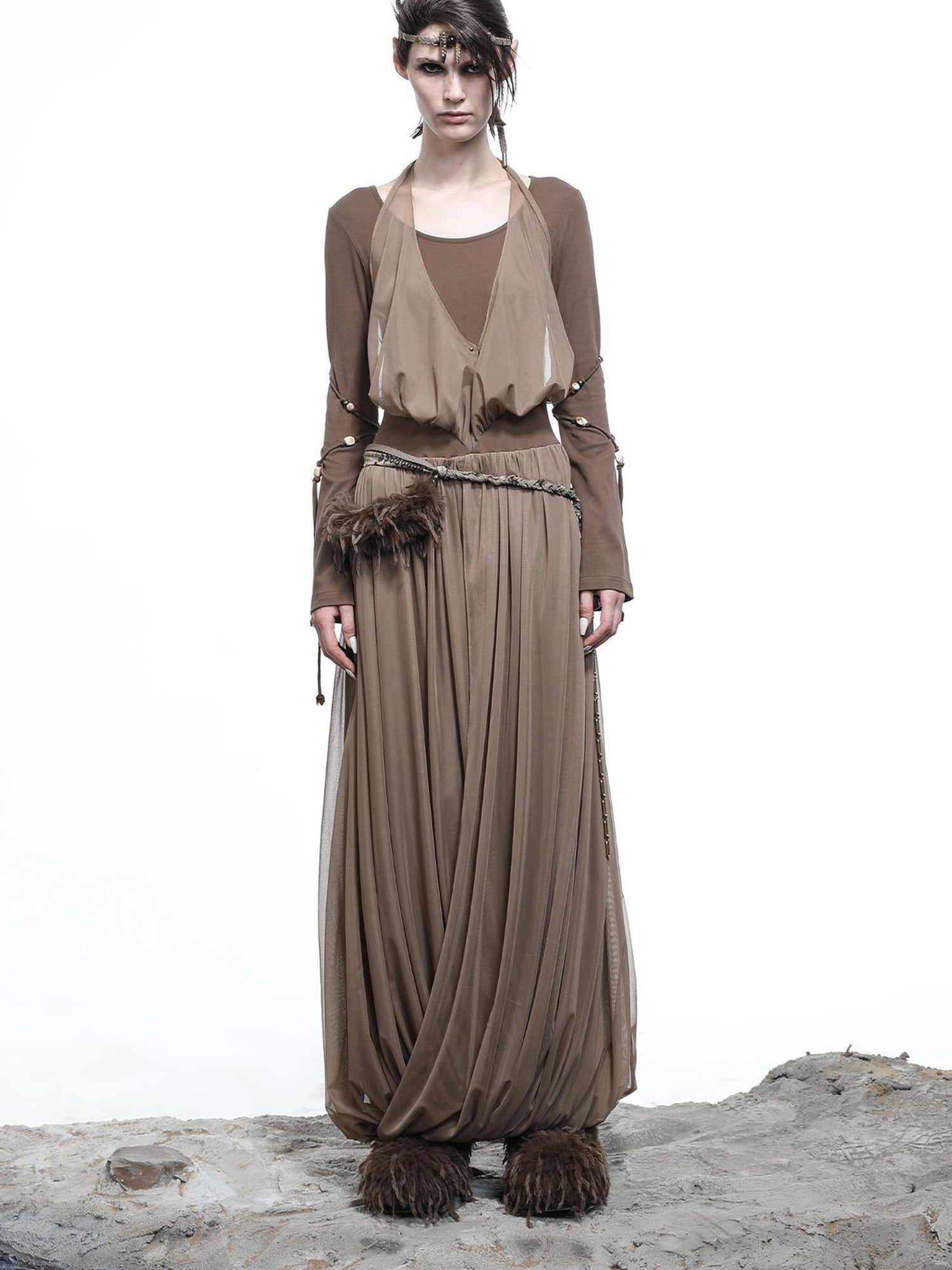 NN NORTH NODE High Neck Mesh Paneled Beaded Maxi Dress with Mock Two Piece Design