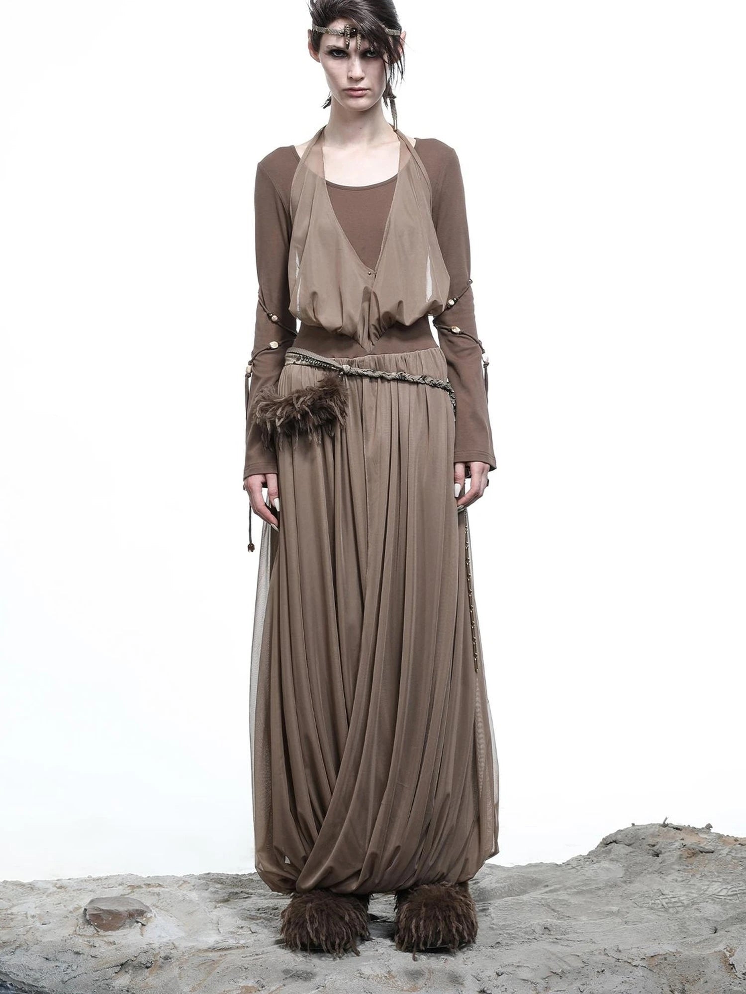 High Neck Mesh Paneled Beaded Maxi Dress with Mock Two Piece Design