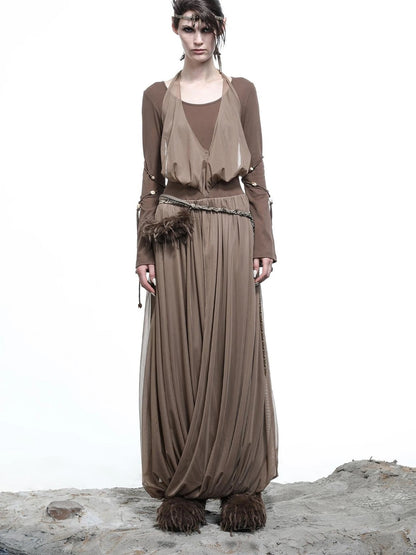 High Neck Mesh Paneled Beaded Maxi Dress with Mock Two Piece Design