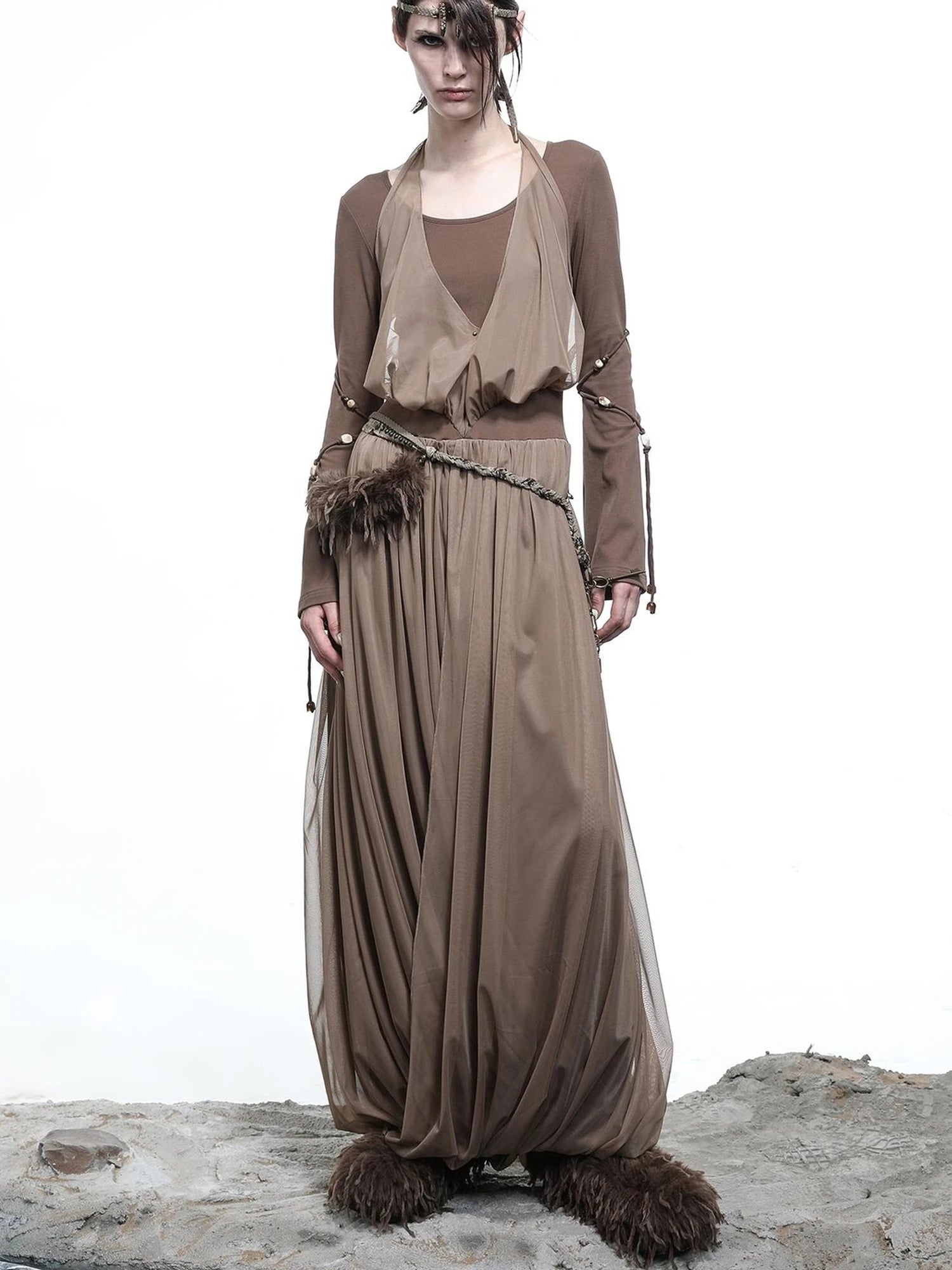 High Neck Mesh Paneled Beaded Maxi Dress with Mock Two Piece Design