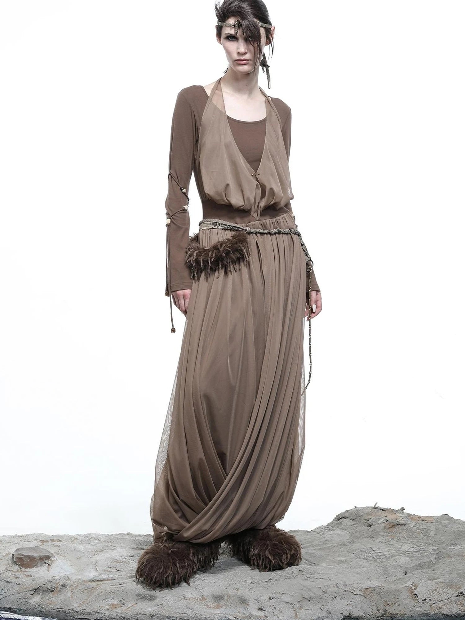 High Neck Mesh Paneled Beaded Maxi Dress with Mock Two Piece Design