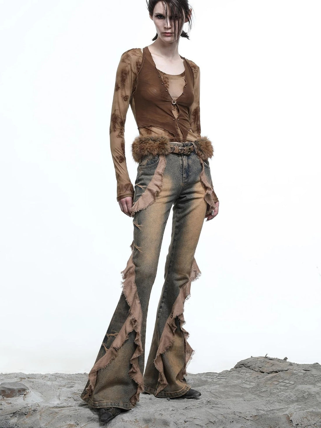 Hooded Layered Mesh Detachable Fringe T-shirt