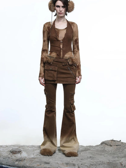 Hooded Layered Mesh Detachable Fringe T-shirt