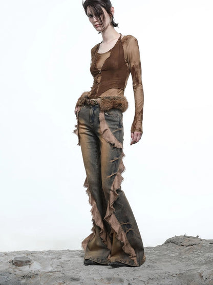 Hooded Layered Mesh Detachable Fringe T-shirt