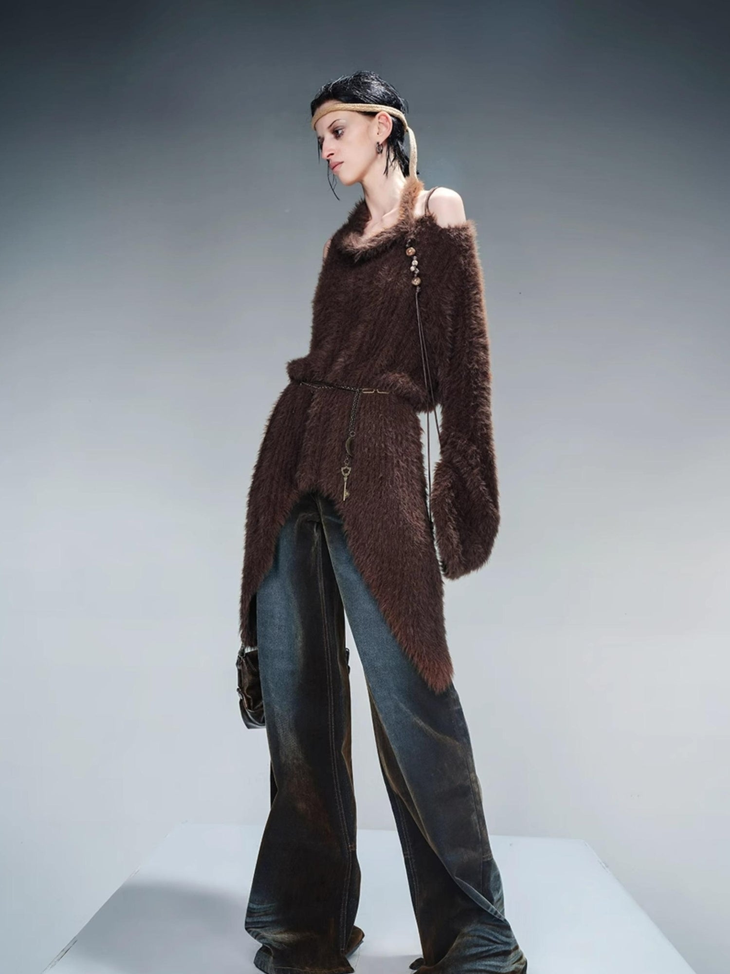 NN NORTH NODE Imitation Mink Fur Irregular Knit Sweater