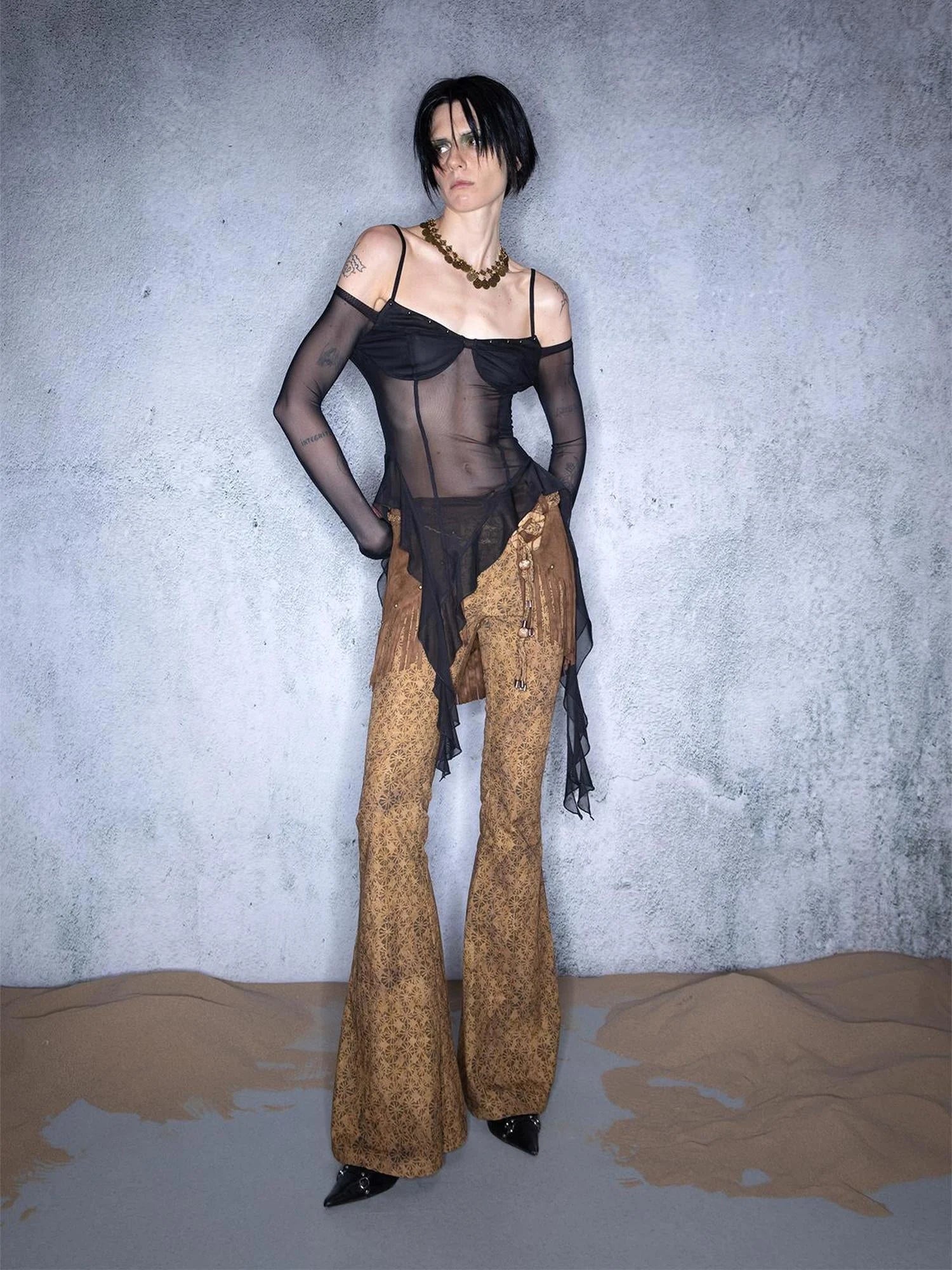 Irregular Hem Sheer Mesh Camisole With Ruffle Detailing