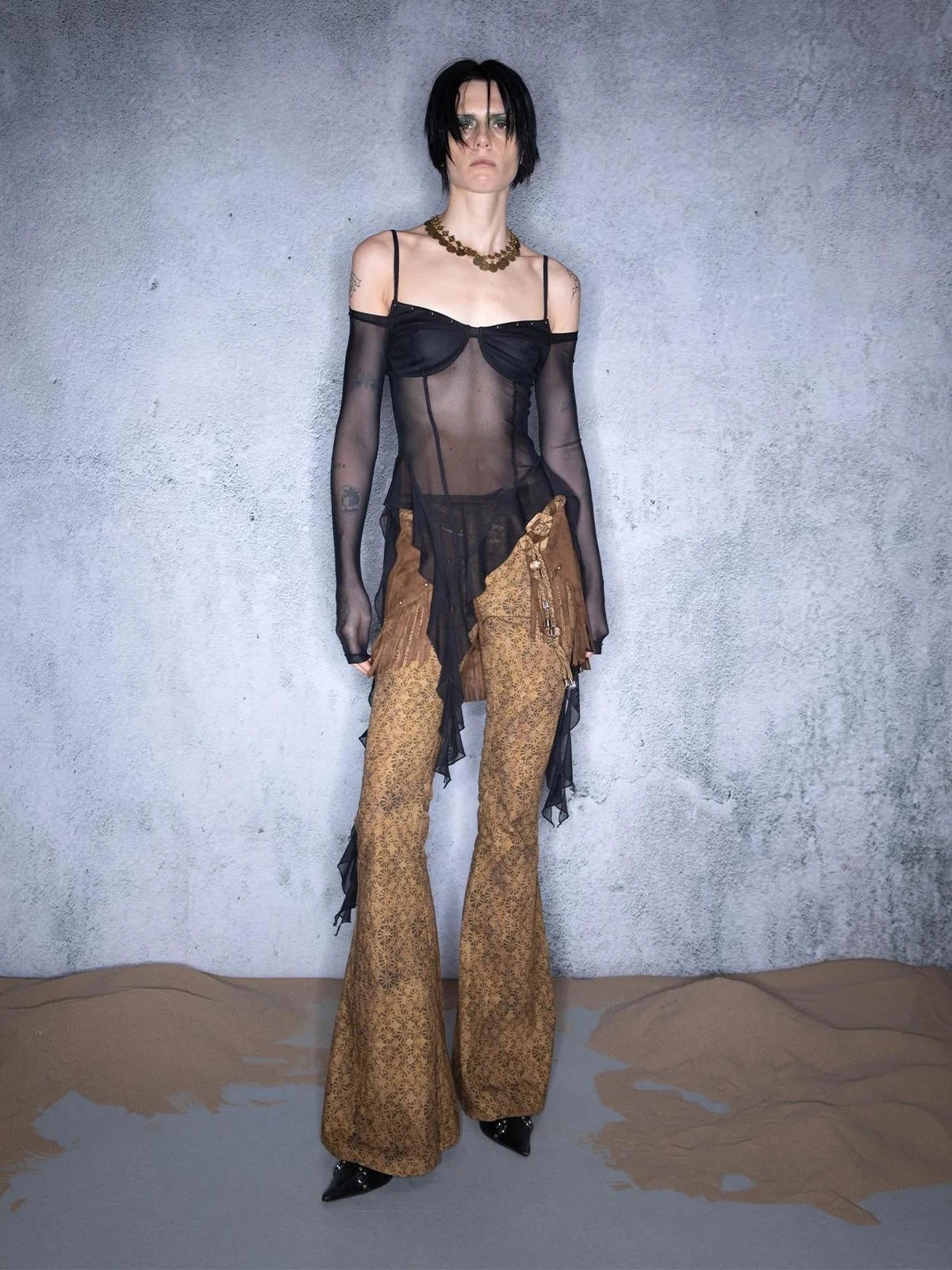 Irregular Hem Sheer Mesh Camisole With Ruffle Detailing