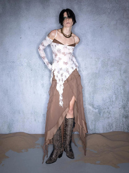 Irregular Hem Sheer Mesh Camisole With Ruffle Detailing