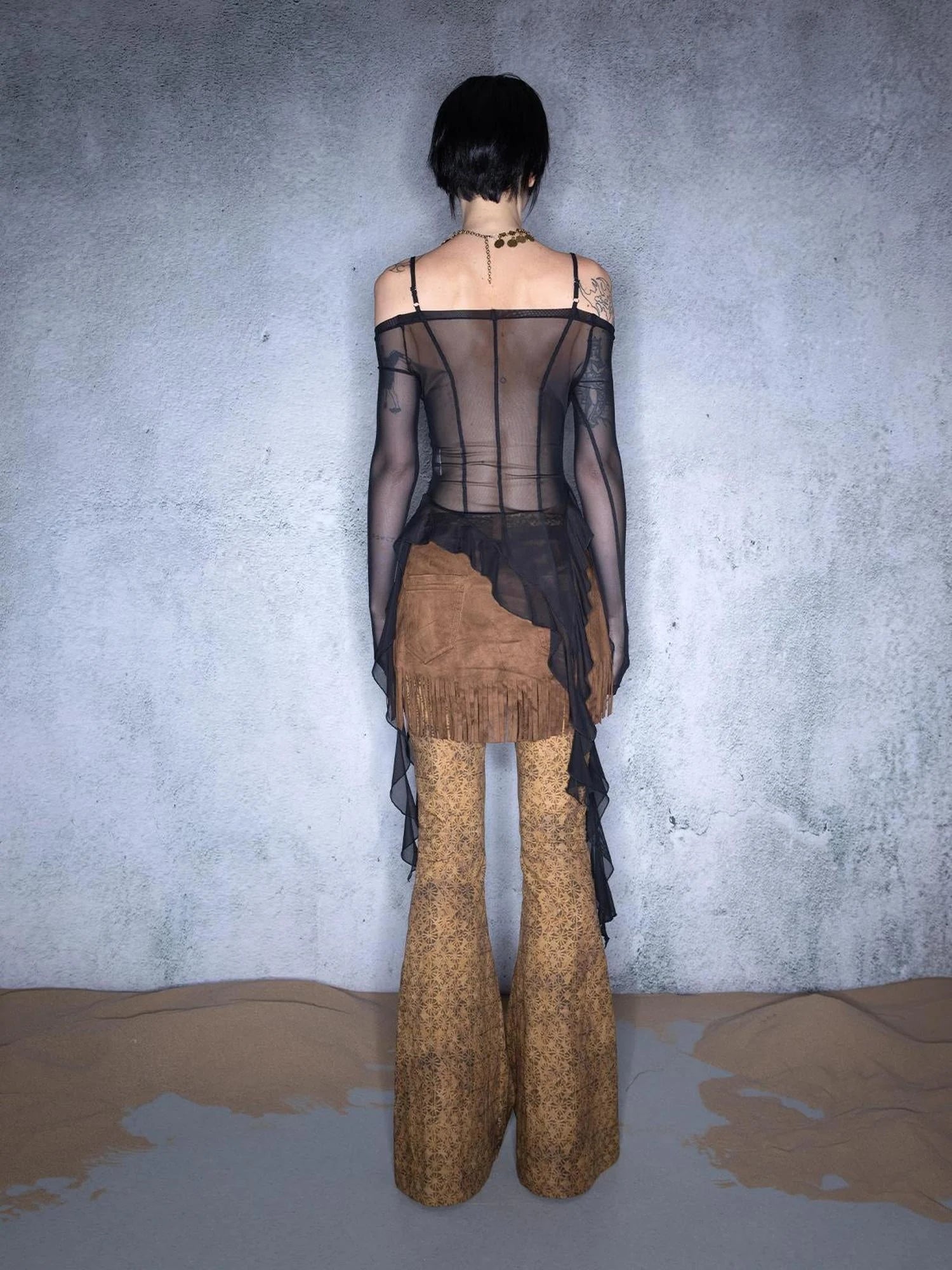 Irregular Hem Sheer Mesh Camisole With Ruffle Detailing