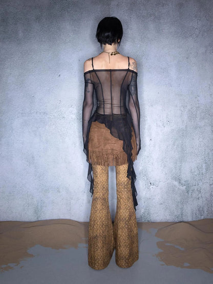 Irregular Hem Sheer Mesh Camisole With Ruffle Detailing