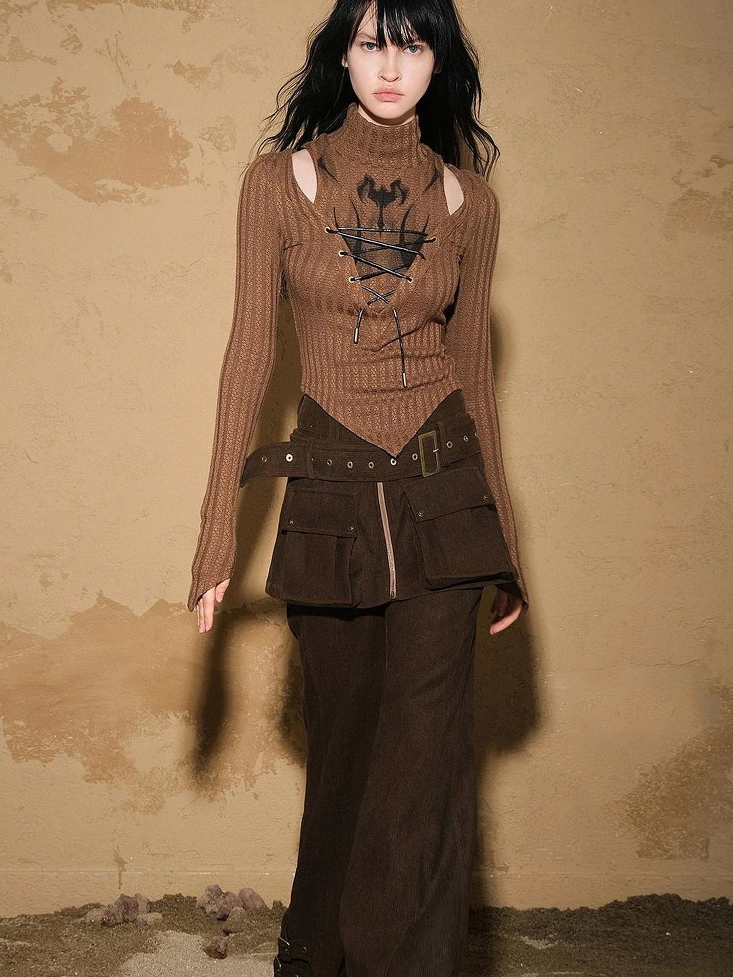 Irregular Knit Sweater 2024 Ss V-neck T-shirt Long Sleeve