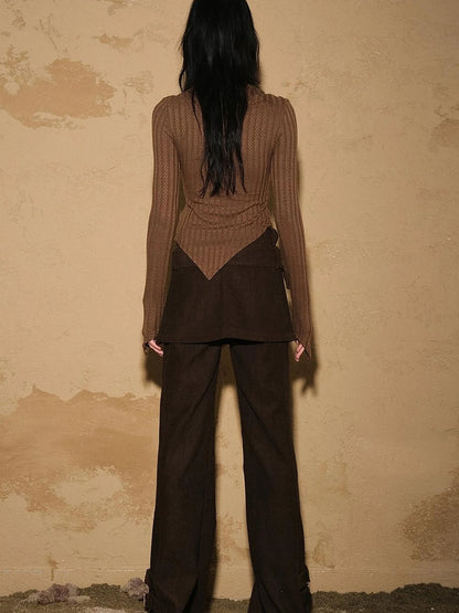 Irregular Knit Sweater 2024 Ss V-neck T-shirt Long Sleeve