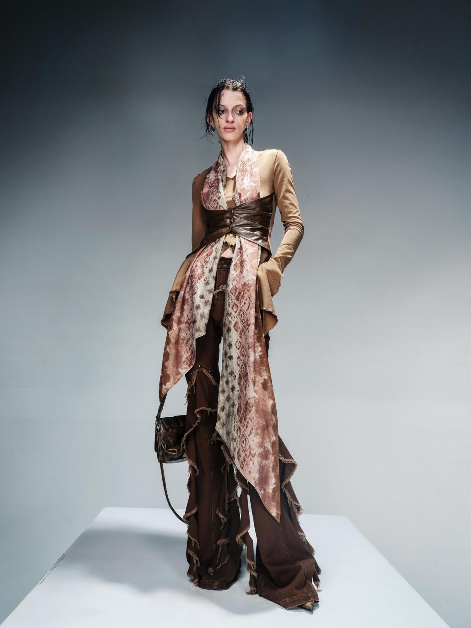 NN NORTH NODE Knit Blouse With Detachable Printed Scarf And Leather Accents