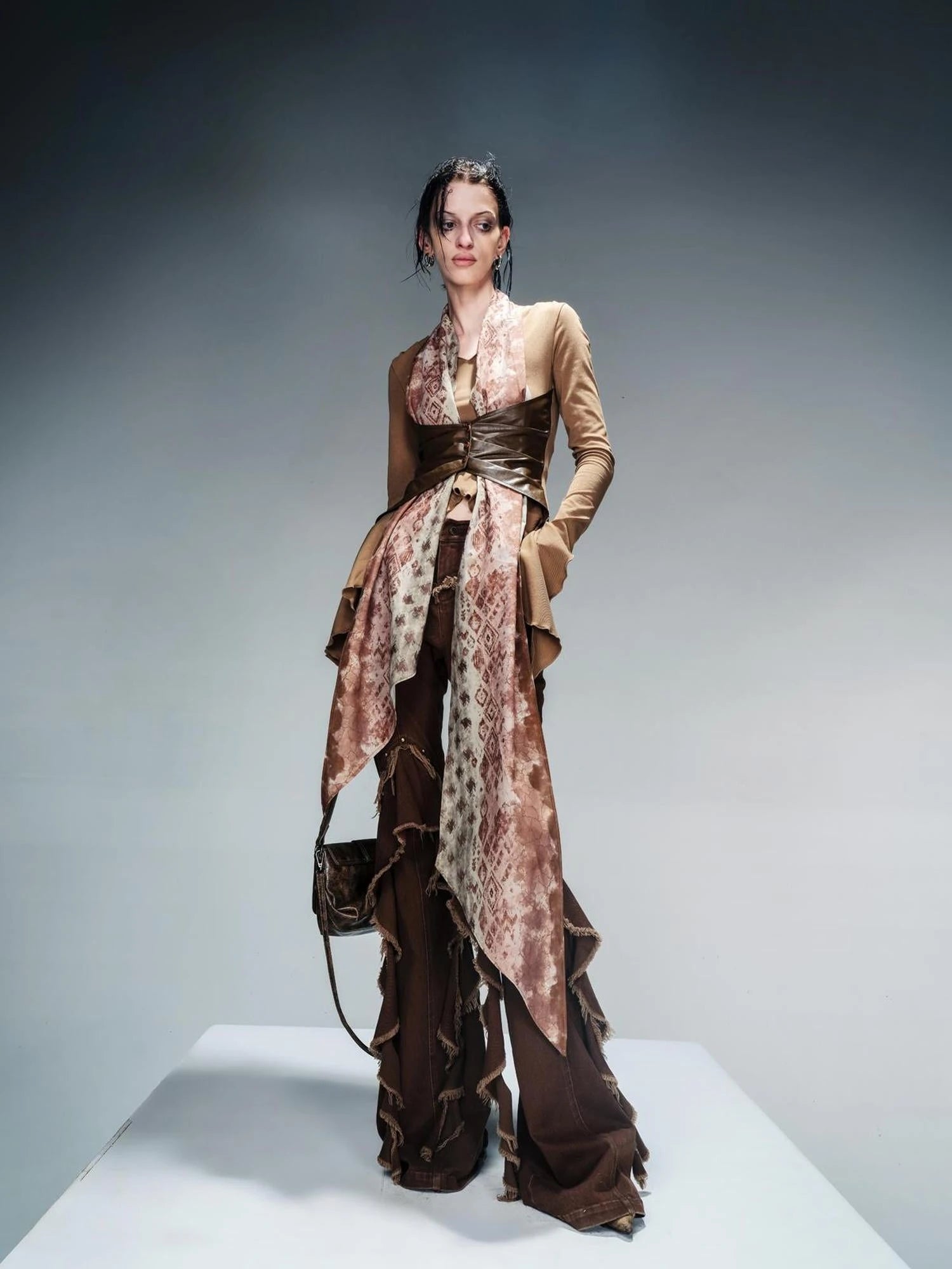 Knit Blouse With Detachable Printed Scarf And Leather Accents