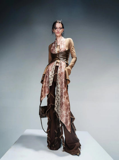 Knit Blouse With Detachable Printed Scarf And Leather Accents