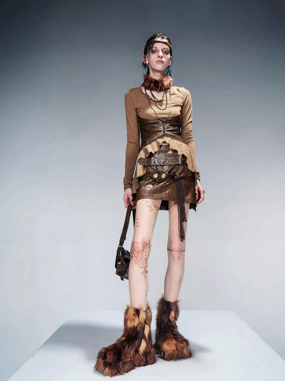 Knit Blouse With Detachable Printed Scarf And Leather Accents