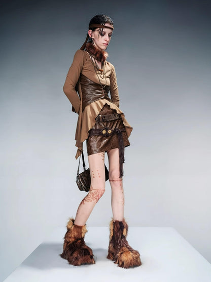 NN NORTH NODE Knit Blouse With Detachable Printed Scarf And Leather Accents