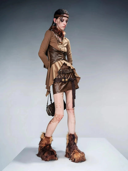 Knit Blouse With Detachable Printed Scarf And Leather Accents