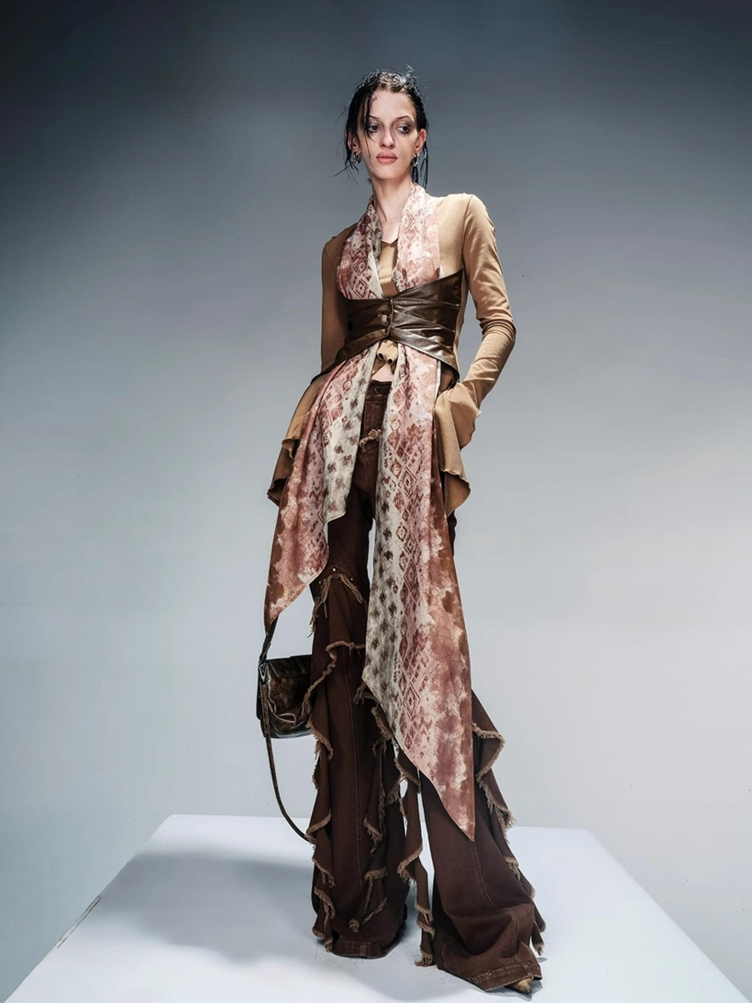 NN NORTH NODE Knit Blouse With Detachable Printed Scarf And Leather Accents