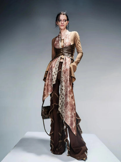 Knit Blouse With Detachable Printed Scarf And Leather Accents